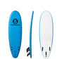 Three views of a B Surfoboards surfboard on a plain white background: a top view showing a bright blue deck with black logo and fin holes, a side profile showing the blue edge and black tail fin, and a bottom view showing a white deck with a blue edge and three black fin attachments.