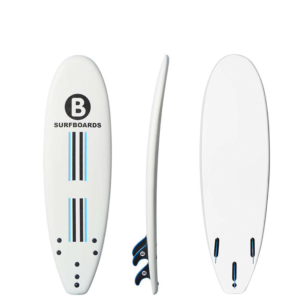 Three views of a white b surfboard on a plain white background: top deck with a black circular 'B' logo and 'SURFBOARDS' text plus blue and black stripe graphics, side profile showing the fin, and bottom deck with three tail fins.
