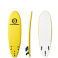 Three views of a yellow B surfboard on a plain white background: a top view showing a bright yellow deck with a black circular 'B' logo and the word 'SURFBOARDS', a side profile view showing the yellow edge and dark blue tail hardware, and a bottom view showing a white deck with a yellow edge and three black fins.