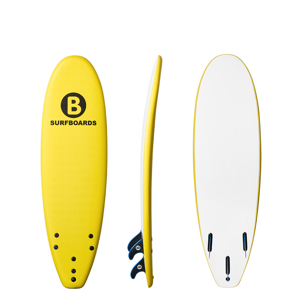 Three views of a yellow B surfboard on a plain white background: a top view showing a bright yellow deck with a black circular 'B' logo and the word 'SURFBOARDS', a side profile view showing the yellow edge and dark blue tail hardware, and a bottom view showing a white deck with a yellow edge and three black fins.