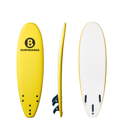 Three views of a yellow B surfboard on a plain white background: a top view showing a bright yellow deck with a black circular 'B' logo and the word 'SURFBOARDS', a side profile view showing the yellow edge and dark blue tail hardware, and a bottom view showing a white deck with a yellow edge and three black fins.