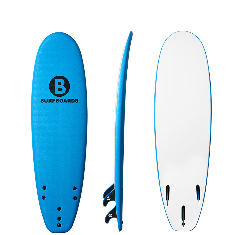 A blue b surfboard shown from three angles: full top view, side profile, and full bottom view. The top features a black circular 'B' logo with the text 'SURFBOARDS' underneath, and the bottom has three black thruster fins.