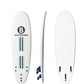 A white b surfboard shown from three angles: front, side, and back. The front view features a black circular 'B' logo with the text 'SURFBOARDS' and blue and black vertical stripes.