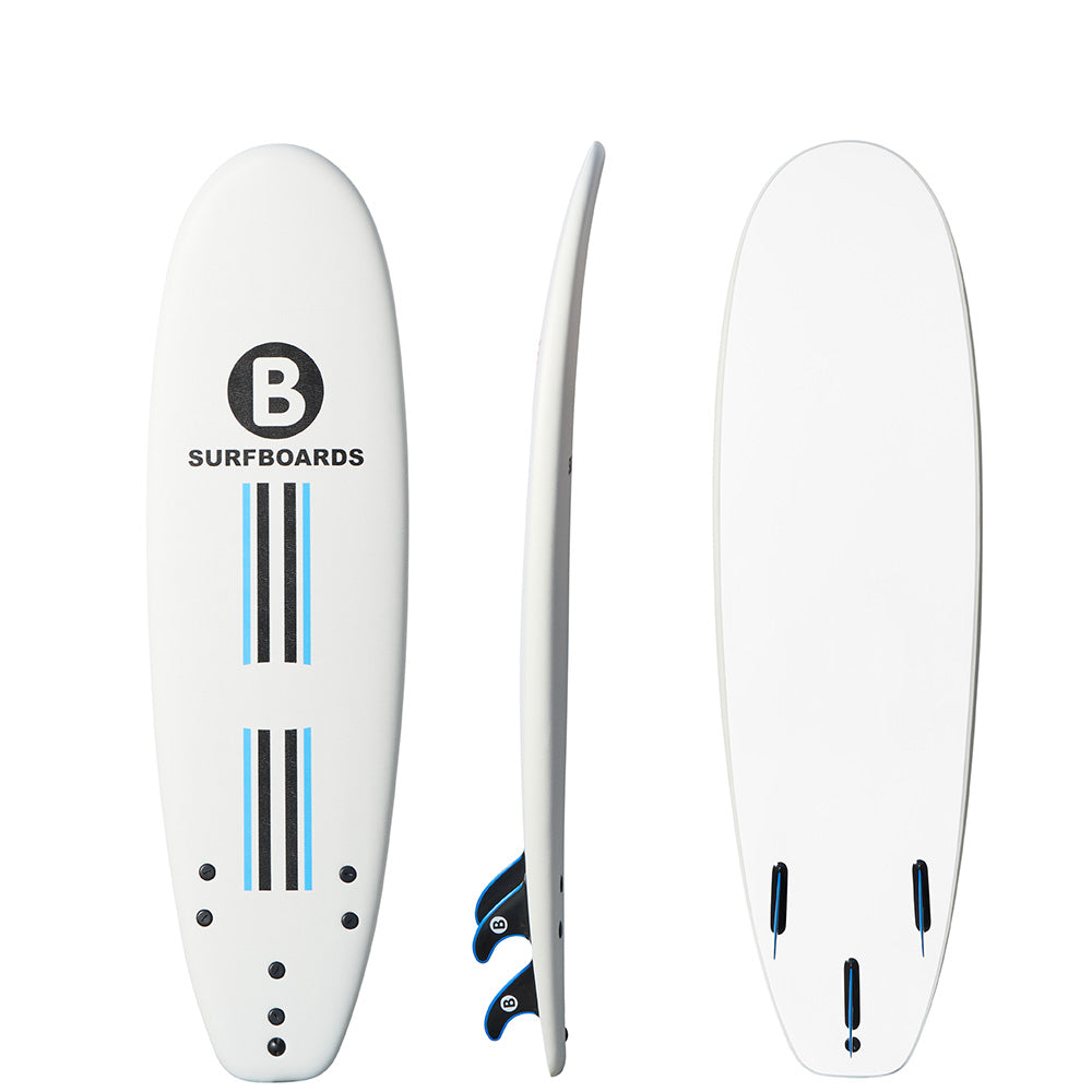 A white b surfboard shown from three angles: front, side, and back. The front view features a black circular 'B' logo with the text 'SURFBOARDS' and blue and black vertical stripes.
