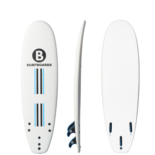 A white b surfboard shown from three angles: front, side, and back. The front view features a black circular 'B' logo with the text 'SURFBOARDS' and blue and black vertical stripes.
