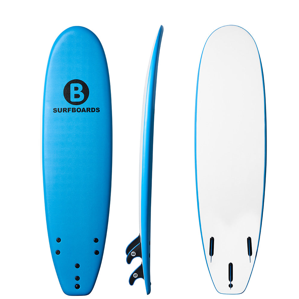A bright blue b surfboard shown from three angles: top view, side profile, and bottom view. The top view features a black circular logo with a blue 'B' and the text 'SURFBOARDS'.