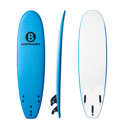 A bright blue b surfboard shown from three angles: top view, side profile, and bottom view. The top view features a black circular logo with a blue 'B' and the text 'SURFBOARDS'.