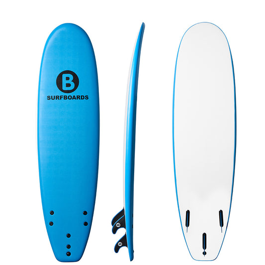 A bright blue b surfboard shown from three angles: top view, side profile, and bottom view. The top view features a black circular logo with a blue 'B' and the text 'SURFBOARDS'.
