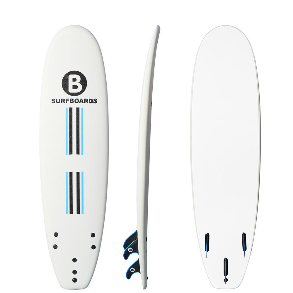 A white 7'0 b surfboard shown from three angles: top deck, side profile, and bottom tail. The top deck features a black circular 'B' logo with 'SURFBOARDS' text and blue and black vertical stripes.