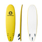 A 7'0 yellow b surfboard shown from three angles: full front view, side profile, and full back view. The front view features a black circular logo with a 'B' and the text 'SURFBOARDS'.