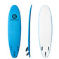 A 7'6 blue b surfboard shown from three angles: top view, side profile, and bottom view. The top view features a black circular logo with a 'B' and the text 'SURFBOARDS'.