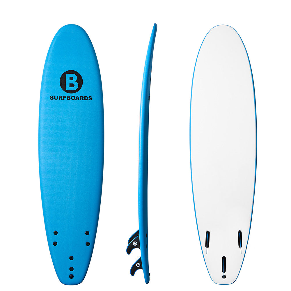 A 7'6 blue b surfboard shown from three angles: top view, side profile, and bottom view. The top view features a black circular logo with a 'B' and the text 'SURFBOARDS'.