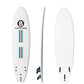 A white 7'6 B surfboard shown from three angles: top, side, and bottom. The top view features a black circular 'B' logo with 'SURFBOARDS' text and blue and black stripe accents.