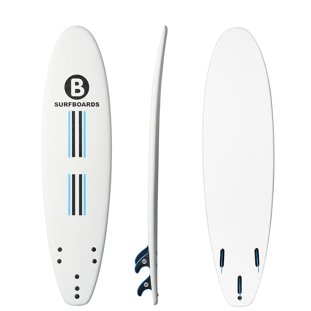 A white 7'6 B surfboard shown from three angles: top, side, and bottom. The top view features a black circular 'B' logo with 'SURFBOARDS' text and blue and black stripe accents.