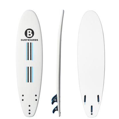 A white 7'6 B surfboard shown from three angles: top, side, and bottom. The top view features a black circular 'B' logo with 'SURFBOARDS' text and blue and black stripe accents.