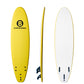 A yellow b surfboard shown from three angles: top view, side profile, and bottom view, on a plain white background. The top view shows a black circular 'B' logo and the word 'SURFBOARDS' on the yellow deck, while the bottom view shows three black high performance fins.