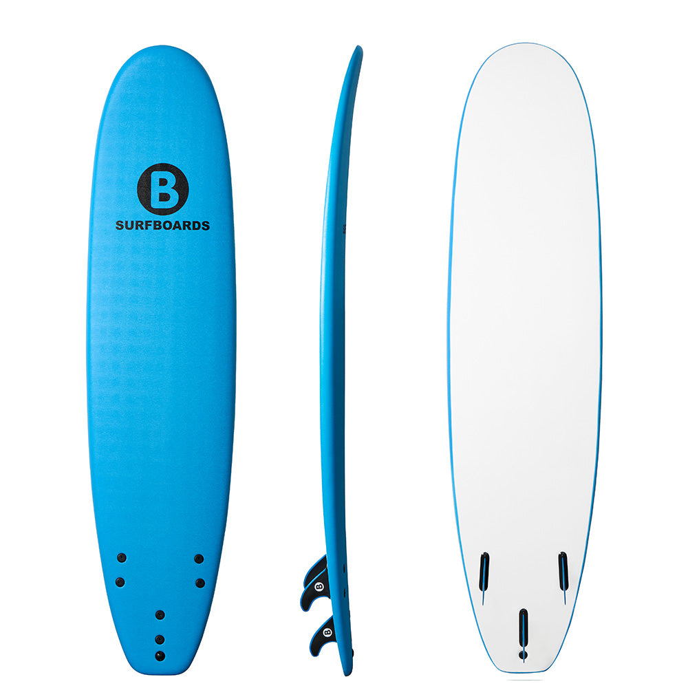 A 8'2 blue b surfboard shown from three angles: full top view, side profile, and bottom view. The top view shows a black circular 'B SURFBOARDS' logo near the nose, and the bottom view shows three black fins.