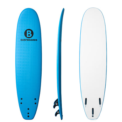 A 8'2 blue b surfboard shown from three angles: full top view, side profile, and bottom view. The top view shows a black circular 'B SURFBOARDS' logo near the nose, and the bottom view shows three black fins.