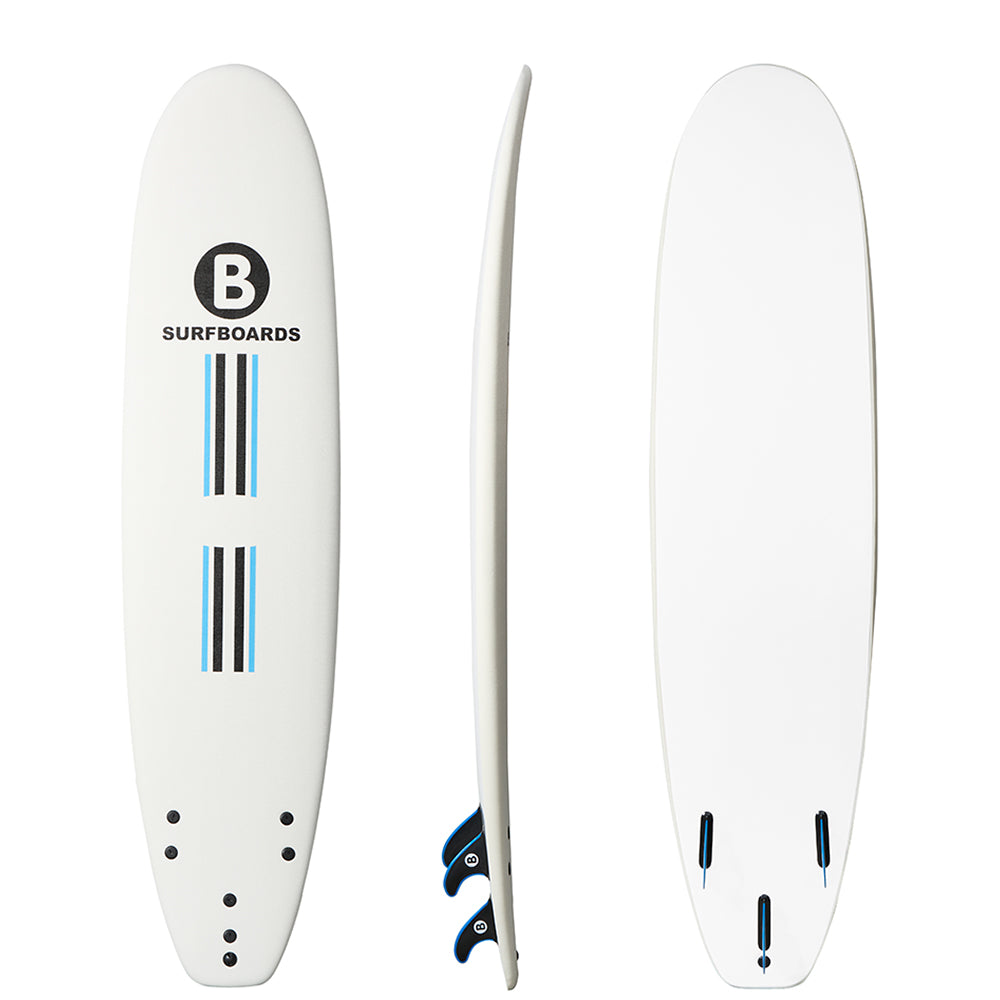 A white 8'2 b surfboard shown from three angles: top, side, and bottom. The top view features a black circular logo with a 'B' and the text 'SURFBOARDS' alongside blue and black stripes.