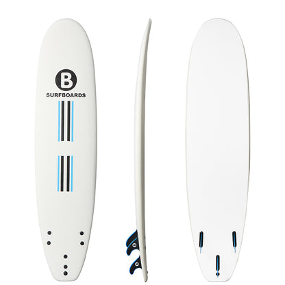 A white 8'2 b surfboard shown from three angles: top, side, and bottom. The top view features a black circular logo with a 'B' and the text 'SURFBOARDS' alongside blue and black stripes.