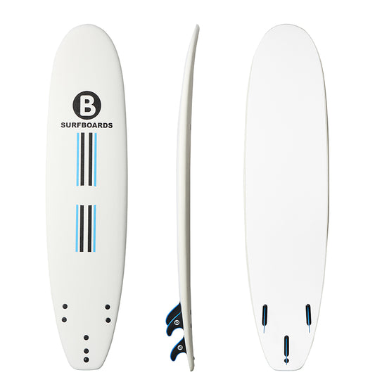 A white 8'2 b surfboard shown from three angles: top, side, and bottom. The top view features a black circular logo with a 'B' and the text 'SURFBOARDS' alongside blue and black stripes.