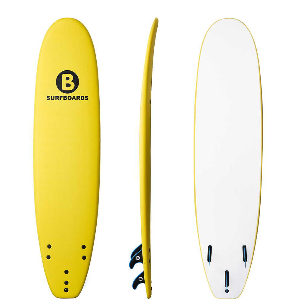 A 8'2 yellow surfboard shown from three angles: full top view, side profile, and bottom view. The top view features a black circular 'B' logo with the text 'SURFBOARDS' printed on it.