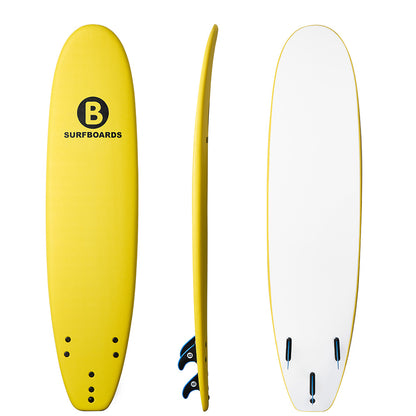 A 8'2 yellow surfboard shown from three angles: full top view, side profile, and bottom view. The top view features a black circular 'B' logo with the text 'SURFBOARDS' printed on it.