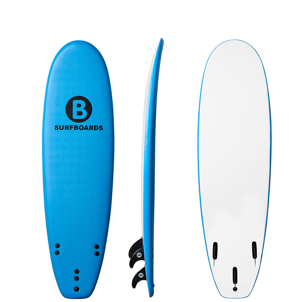 A 6'6 FCS system blue surfboard shown from three angles: top view, side profile, and bottom view. The top view features a black circular logo with a 'B' and the text 'SURFBOARDS' printed on the deck.